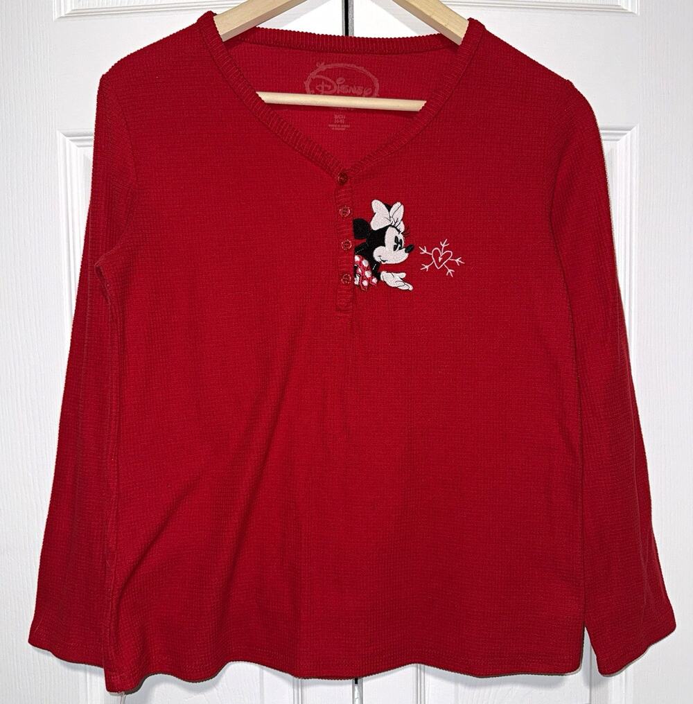 Disney Minnie Mouse Red Long Sleeve Henley Waffle Knit Top for Women small